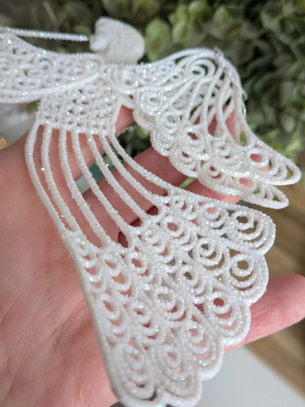 7 Vintage White Plastic Glitter Angels With Horn Xmas Ornaments